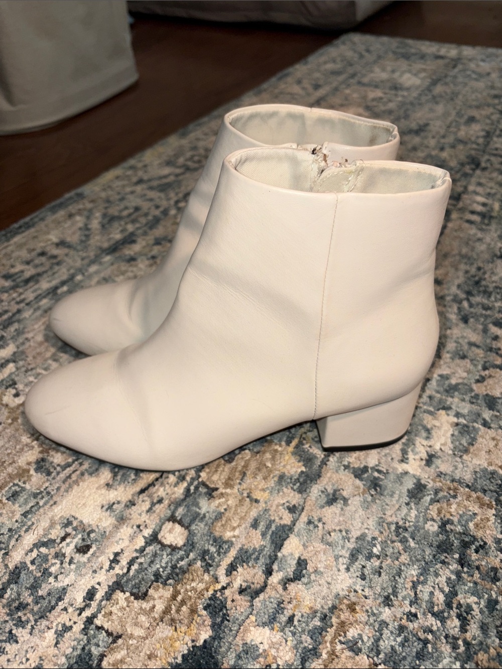 White Leather Low Block Heel Ankle Booties